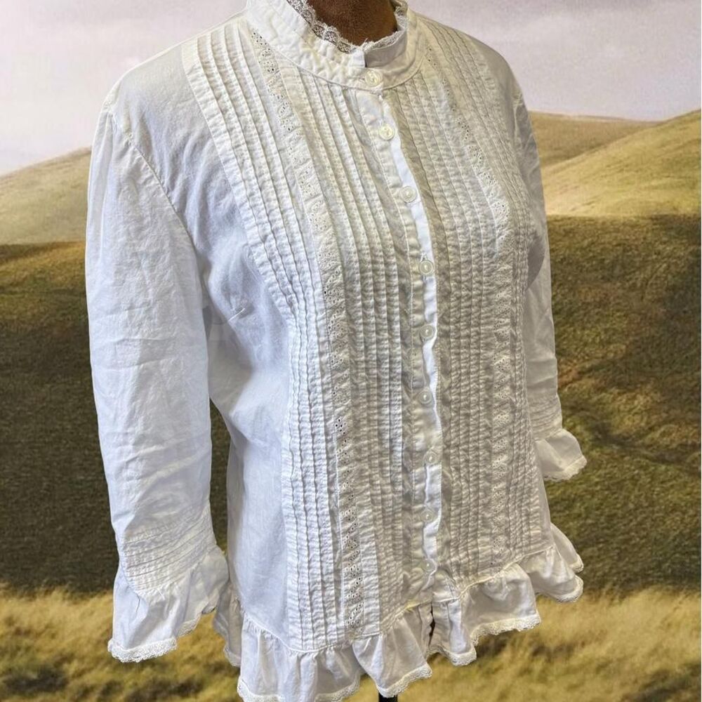 Cotton Edwardian Antique Style Coquette Feminine Ruffles Vampire Cosplay Blouse - Picture 2 of 7
